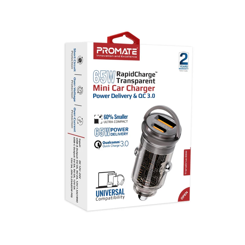 Promate 65W RapidCharger Transparent Mini Car Charger